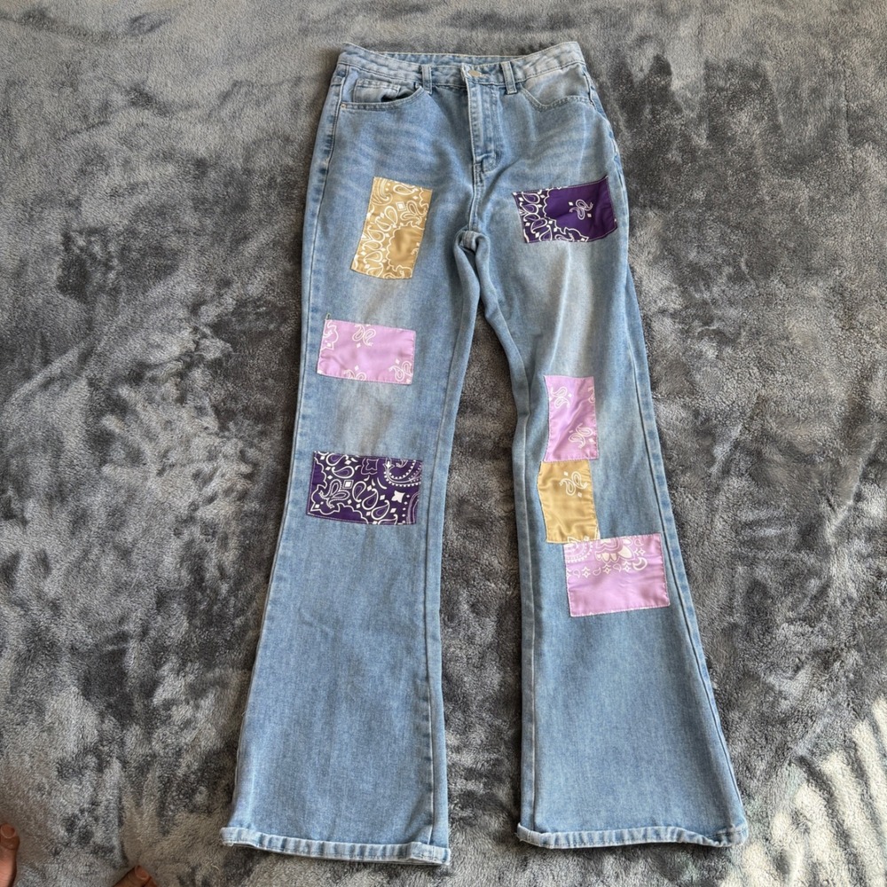 Boho Bandana Patchwork Flare Jeans Light Wash High Rise Wide Leg Denim Pants